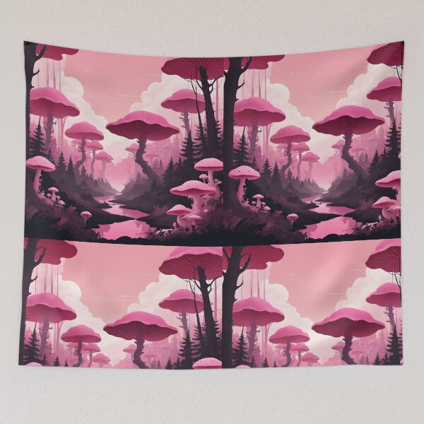 Item preview, Pink MushroomLand with a pink brook under pink sky oversized Funghi designed and sold by EmeraldeaArt.