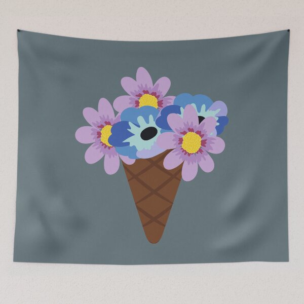 Item preview, Ilustración de diseño plano con helado sobre flores azules y violetas designed and sold by AlginaPugachova.