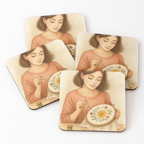 Item preview, Cozy Watercolor Illustration of a Woman Embroidering Floral Pattern designed and sold by Lacritsa .