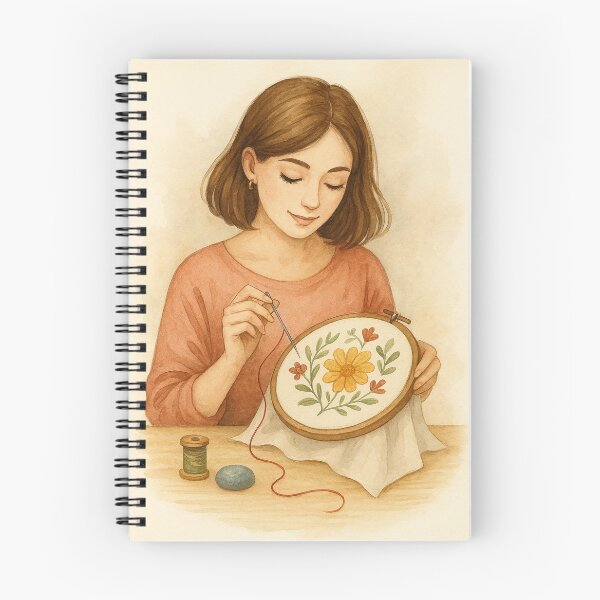Item preview, Cozy Watercolor Illustration of a Woman Embroidering Floral Pattern designed and sold by Lacritsa .