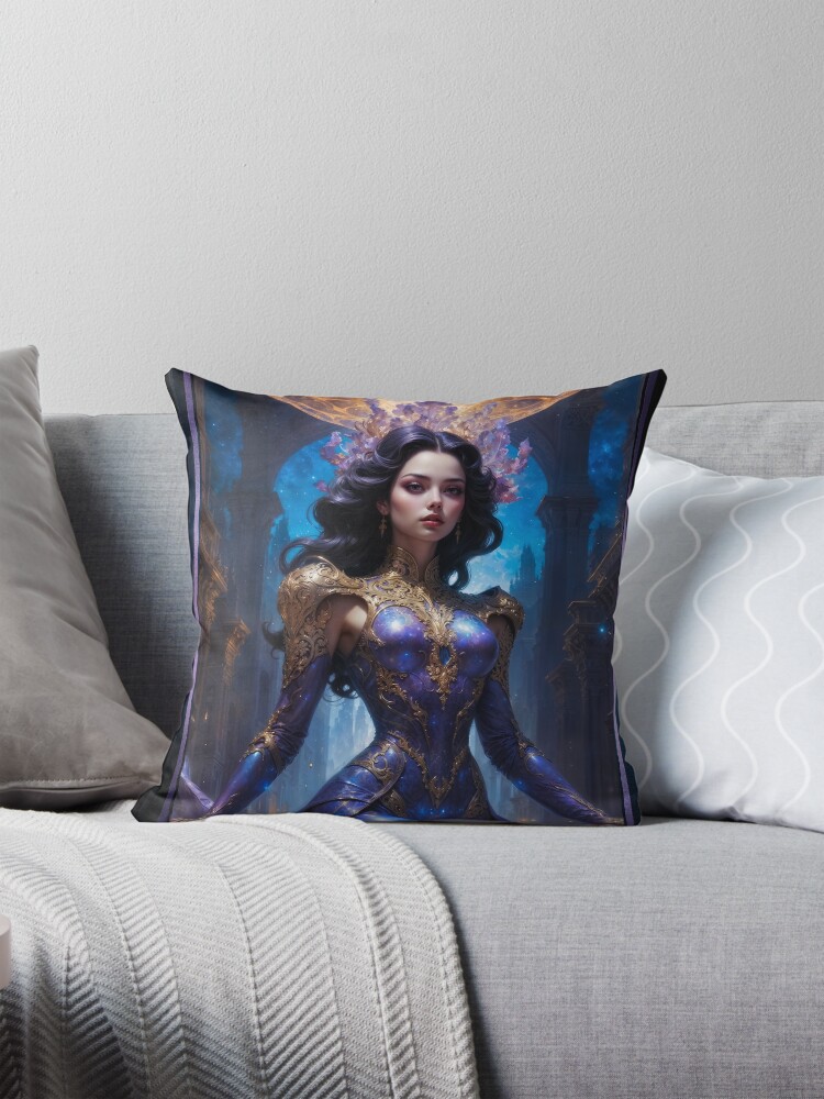 An Ornate Portrait Of The Celestial Beauty Aethelwynn AI Concept Art by Xzendor7 4 An Ornate Portrait Of The Celestial Beauty Aethelwynn Captivating AI Concept Art by Xzendor7 Decorative Art Print Throw Pillow