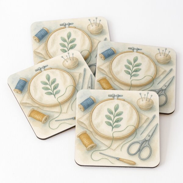 Item preview, Watercolor Embroidery Hoop with Leaves and Sewing Tools designed and sold by Lacritsa .