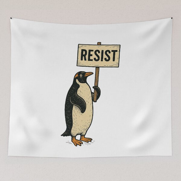 Item preview, Rebel Gentoo Penguins RESIST Anti-Tariff Protest  designed and sold by The Junto Shop.
