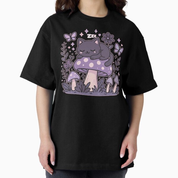 Aperçu de l'œuvre Chat endormi kawaii dans un jardin de champignons créée et vendue par TomFrontierArt.