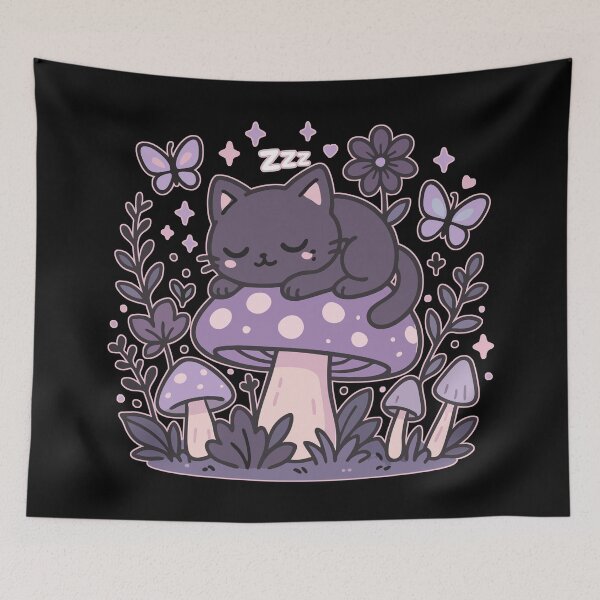 Item preview, Kawaii Sleeping Cat in Mushroom Garden designed and sold by TomFrontierArt.