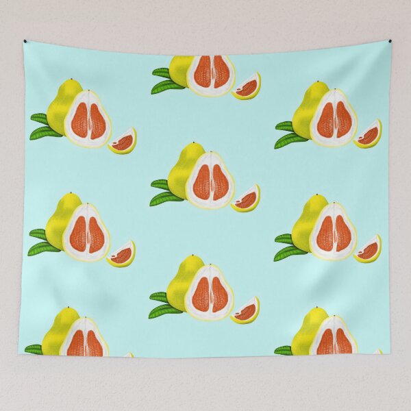 Item preview, Pomelo jugoso, maduro, fresco, amarillo y rojo con hojas verdes, con borde turquesa. designed and sold by katecheerycake.
