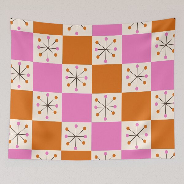 Item preview, Checkered Mid Century Atomic Stars on Pink and Orange Checkerboards  designed and sold by Yasminepatterns .