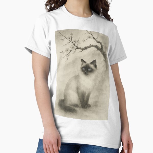 Aperçu de l'œuvre Chat sacré de Birmanie sous des fleurs de prunier – Lavis à l'encre de Chine créée et vendue par LesChatsArt.