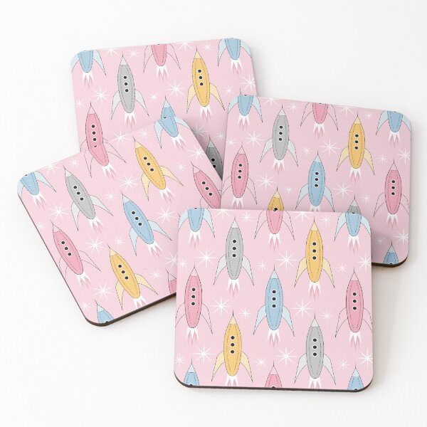 Artikelvorschau, Mid Century Retro Raketen und Sterne Blau Rosa Grau Gelb auf Hellrosa entworfen und verkauft von Pinkdeer Designs.