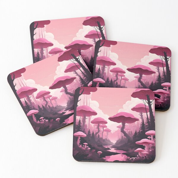 Item preview, Pink MushroomLand with a pink brook under pink sky oversized Funghi designed and sold by EmeraldeaArt.