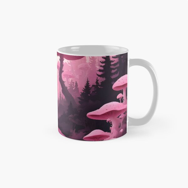 Aperçu de l'œuvre Pink MushroomLand avec un ruisseau rose sous un ciel rose, des champignons surdimensionnés créée et vendue par EmeraldeaArt.