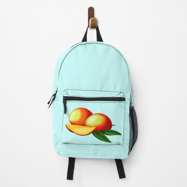 Item preview, Juicy, fresh, red and yellow mango with green leaves and light blue border designed and sold by katecheerycake.