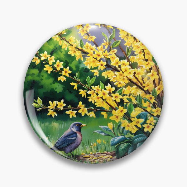 Item preview, Forsythia × intermedia border forsythia shrub bush in yellow bloom and a little bird art designed and sold by EmeraldeaArt.