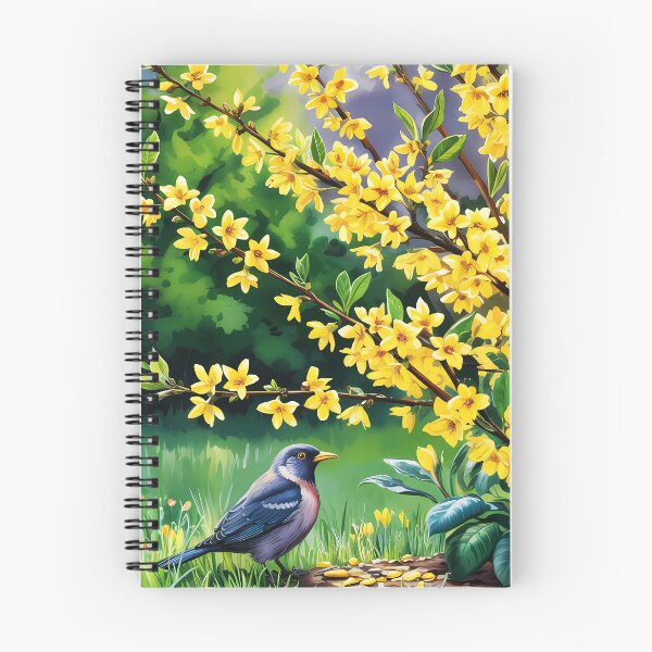 Item preview, Forsythia × intermedia border forsythia shrub bush in yellow bloom and a little bird art designed and sold by EmeraldeaArt.