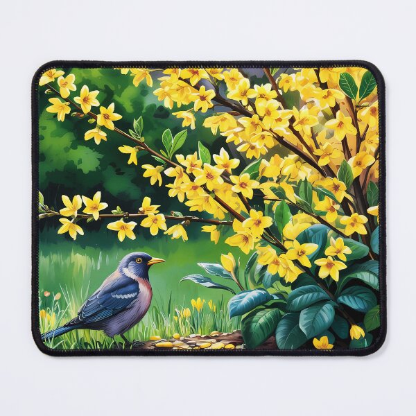 Item preview, Forsythia × intermedia border forsythia shrub bush in yellow bloom and a little bird art designed and sold by EmeraldeaArt.