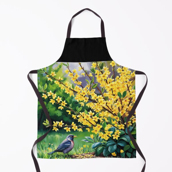 Item preview, Forsythia × intermedia border forsythia shrub bush in yellow bloom and a little bird art designed and sold by EmeraldeaArt.