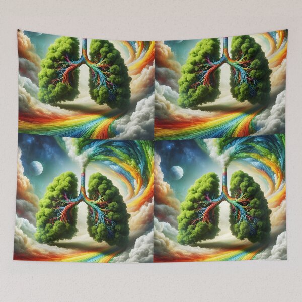 Item preview, Green Foliage Lungs  surreal art with rainbow and clouds and moon- human body anatomy medical designed and sold by EmeraldeaArt.