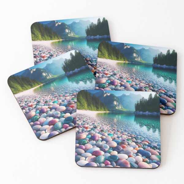 Item preview, Colorful pebbles on a lake shore crystal clear water landscape designed and sold by EmeraldeaArt.