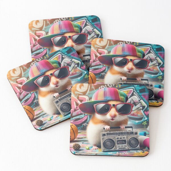 Item preview, A cool hamster wearing sunglasses and a rainbow cap holds a boombox against a graffiti background, surrounded by colorful objects designed and sold by BlurBlurDesign.