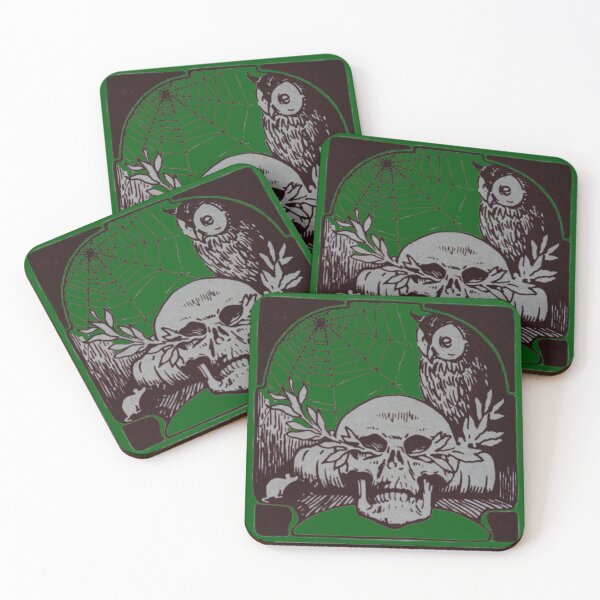 Item preview, Art by Mike Linocut book with skull, Memento Mori spider web and owl, wisdom designed and sold by allartbymike.