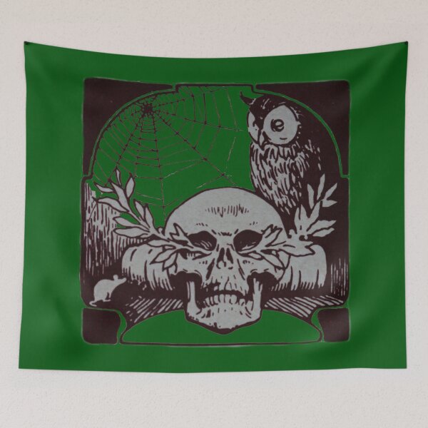 Item preview, Art by Mike Linocut book with skull, Memento Mori spider web and owl, wisdom designed and sold by allartbymike.