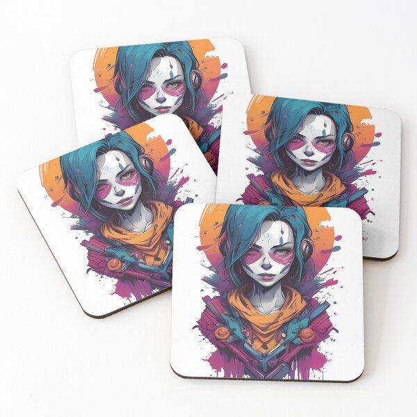 Item preview, Artistic portrait of a character with blue hair and striking makeup in front of a vibrant background designed and sold by Mannaz Creative Shop.