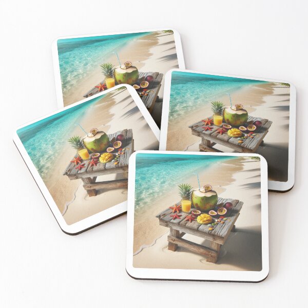 Item preview, Rustic Beach Table with Young Coconuts & Fruits – Realistic AI Work for Travel Lovers & Beach Accessories designed and sold by knalpot-design.