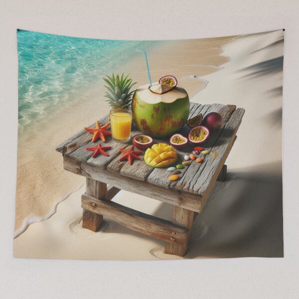 Item preview, Rustic Beach Table with Young Coconuts & Fruits – Realistic AI Work for Travel Lovers & Beach Accessories designed and sold by knalpot-design.