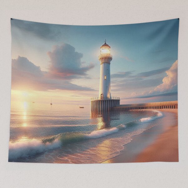 Item preview, European Beach Sunset with Watchtower – Realistic AI Work for Travel Lovers & Coastal-Themed Clothing & Accessories designed and sold by knalpot-design.