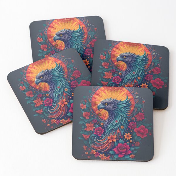 Item preview, Colorful phoenix illustration with vibrant flowers and sunburst background in a captivating art style designed and sold by Mannaz Creative Shop.