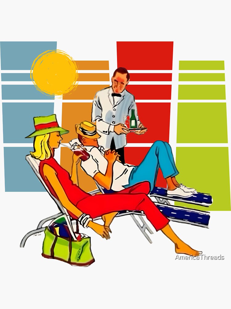 Thumbnail 3 of 3, Sticker, Time for a Vacation Mid-Century Modern Loungers designed and sold by AmericaThreads.