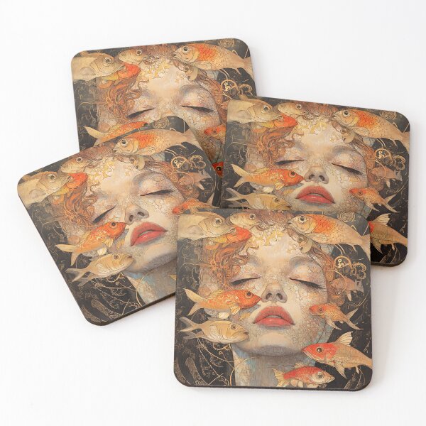 Item preview, Female Face With Fish Art Nouveau designed and sold by entwithanaxe.