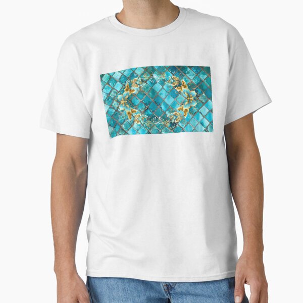Whispers of a Blue Mosaic: Golden Butterflies on turquoise Tiles Classic T-Shirt