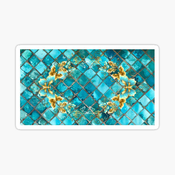 Whispers of a Blue Mosaic: Golden Butterflies on turquoise Tiles Sticker