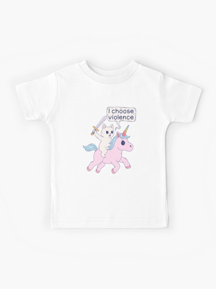 Thumbnail 1 of 2, Kids T-Shirt, Angry Cat Riding Unicorn I Choose Violence Meme designed and sold by jess1586.