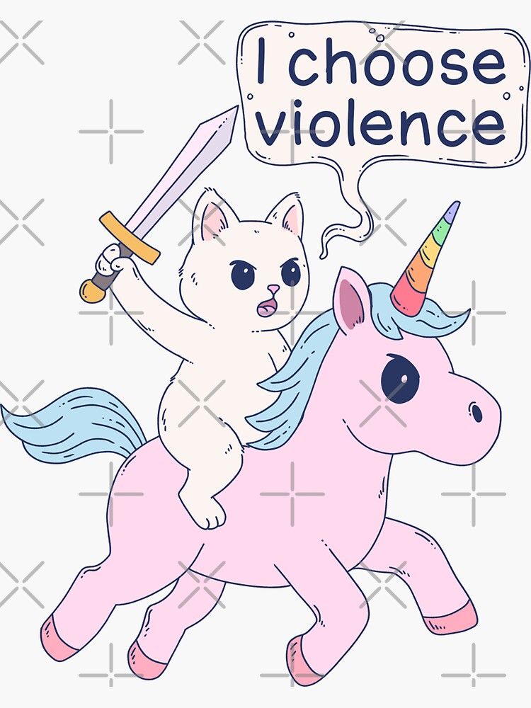 Thumbnail 3 von 3, Sticker, Wütende Katze reitet auf Einhorn. Ich wähle Gewalt. Meme designt und verkauft von jess1586.
