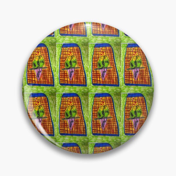 Item preview, Two three toned lovebirds in a multicoloured cage with a light green background  designed and sold by PodmenikArt.