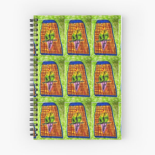 Item preview, Two three toned lovebirds in a multicoloured cage with a light green background  designed and sold by PodmenikArt.