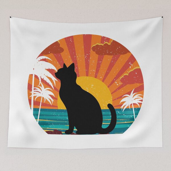 Item preview, Retro Tropical Sunset Cat – Vintage Silhouette Cat Art with Beach Vibes designed and sold by Fredster1966.