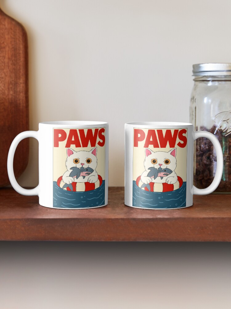 Thumbnail 2 of 6, Coffee Mug, Funny Cat vs Shark Parody Poster Paws Jaws Spoof designed and sold by jess1586.