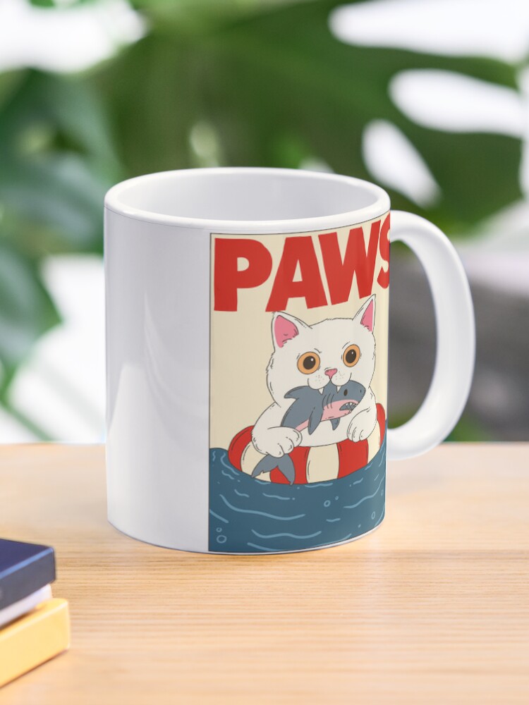 Thumbnail 1 of 6, Coffee Mug, Funny Cat vs Shark Parody Poster Paws Jaws Spoof designed and sold by jess1586.