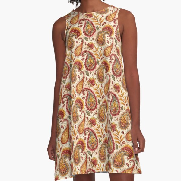 Beige,mustard yellow and red paisley pattern, watercolor art A-Line Dress