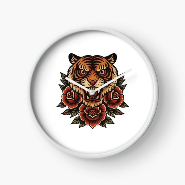 Vista previa del artículo con la obra «Cabeza de tigre tradicional con rosas: arte de tatuaje vintage», diseñado y vendido por PrintaZaur.