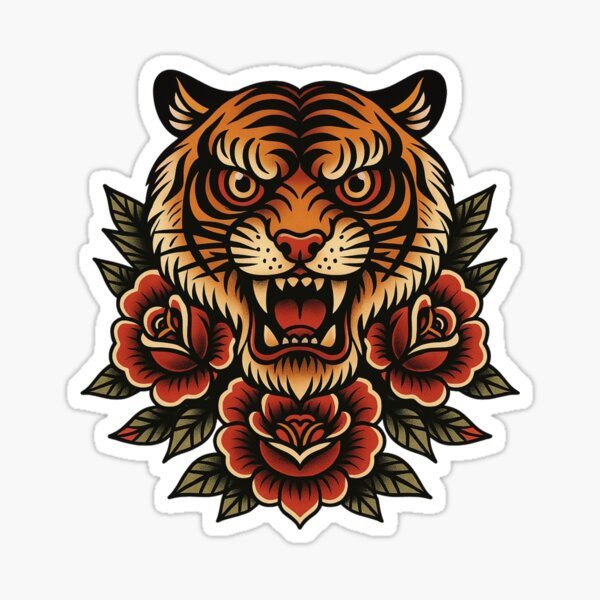 Vista previa del artículo con la obra «Cabeza de tigre tradicional con rosas: arte de tatuaje vintage», diseñado y vendido por PrintaZaur.
