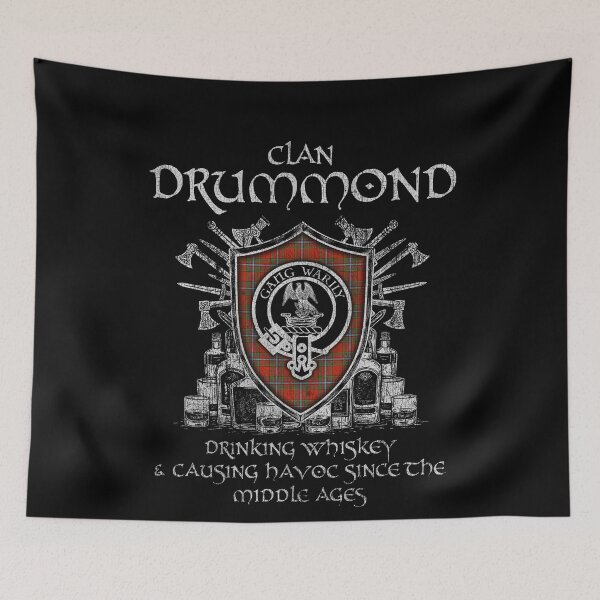 Item preview, Clan Drummond of Fingask drinking whiskey and causing havoc heritage crest tartan plaid designed and sold by Clan1093.