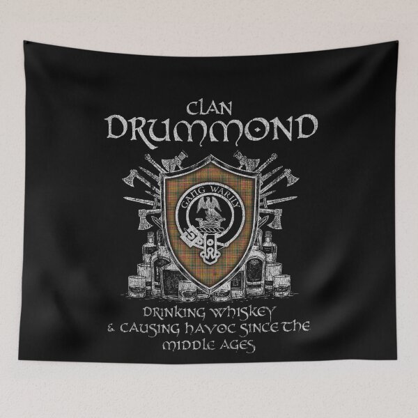 Item preview, Clan Drummond of Strathallan drinking whiskey and causing havoc heritage crest tartan plaid designed and sold by Clan1093.