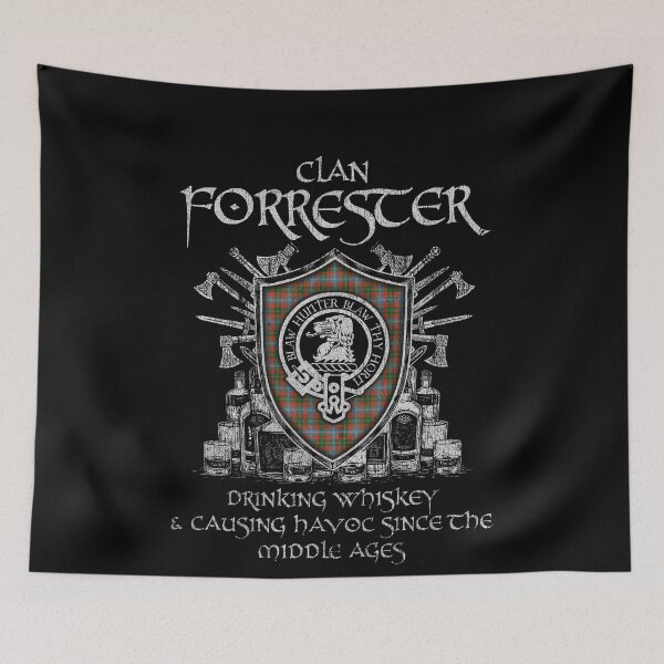 Item preview, Clan Forrester drinking whiskey and causing havoc heritage crest tartan plaid designed and sold by Clan1093.