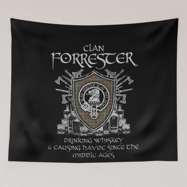 Item preview, Clan Forrester of S Carolina drinking whiskey and causing havoc heritage crest tartan plaid designed and sold by Clan1093.