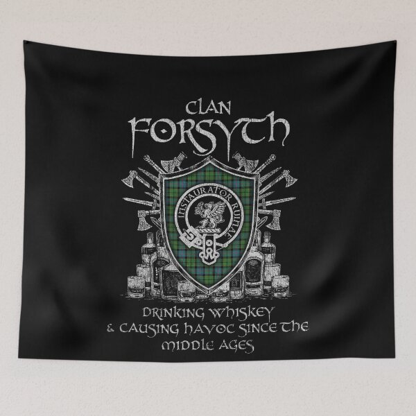 Item preview, Clan Forsyth drinking whiskey and causing havoc heritage crest tartan plaid designed and sold by Clan1093.