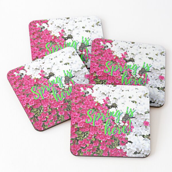Item preview, Pink and white flowers with green spring is here text  designed and sold by wallartofmio.
